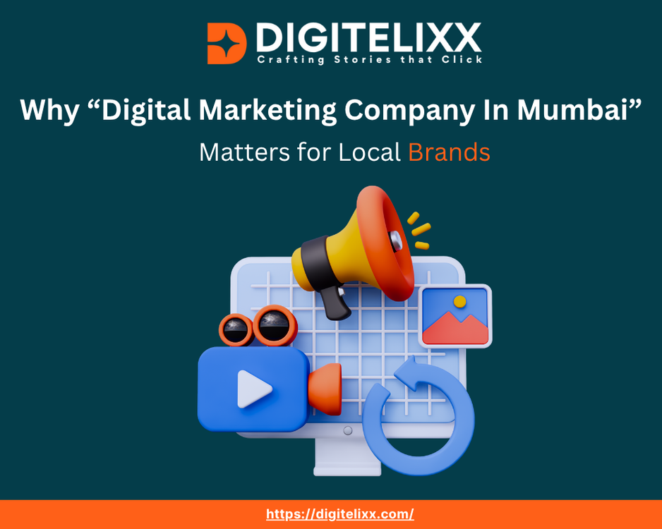A 3D digital illustration featuring a megaphone, video icon, and marketing graphics with the Digitelixx logo, representing digital marketing services for local Mumbai brands.